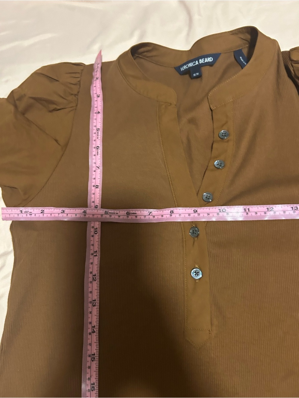 Veronica Beard Rust-Brown Button Front Puff Sleeve Shirt - Picture 2 of 4